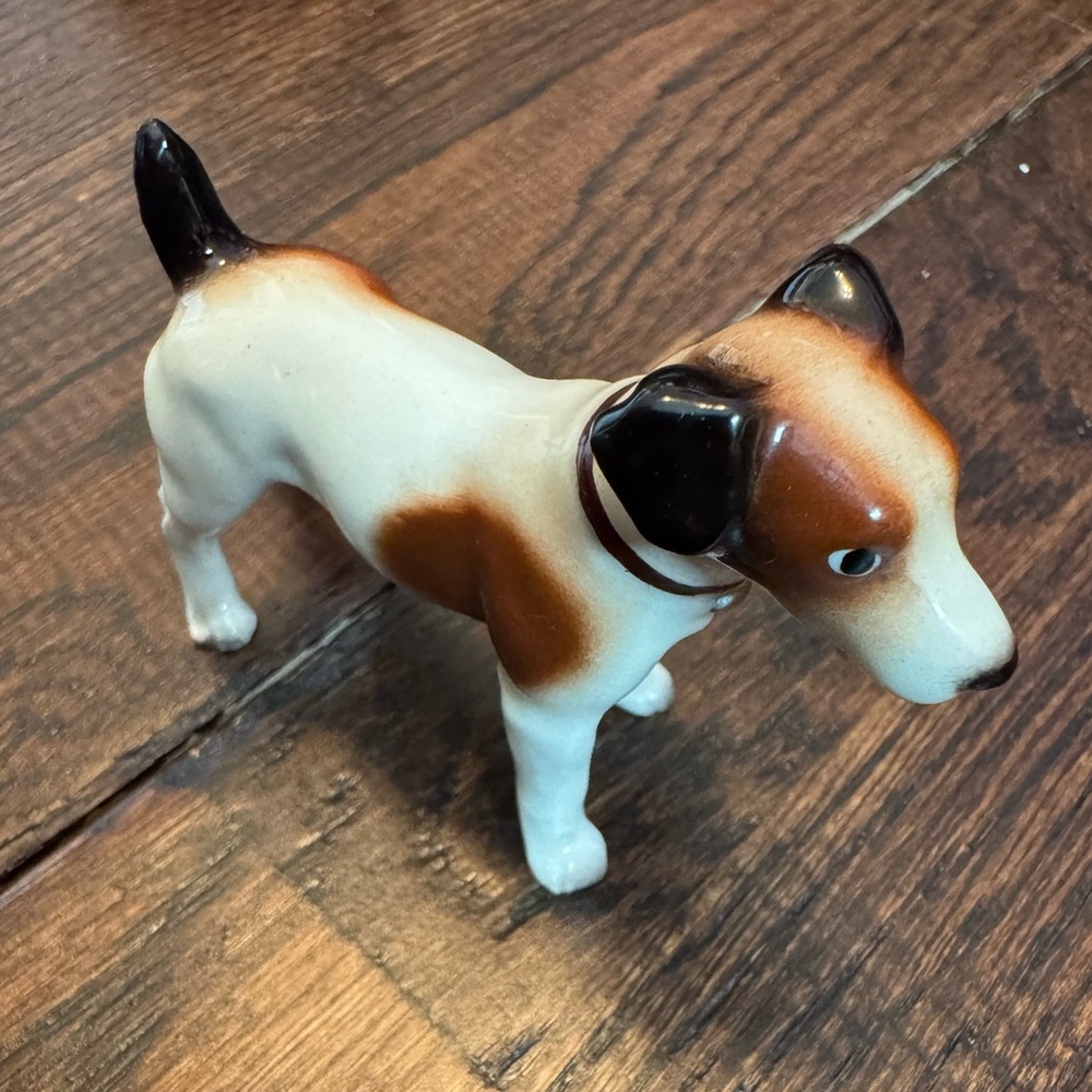Vintage Ceramic Jack Russell Terrier Figurine - White & Brown with Leash